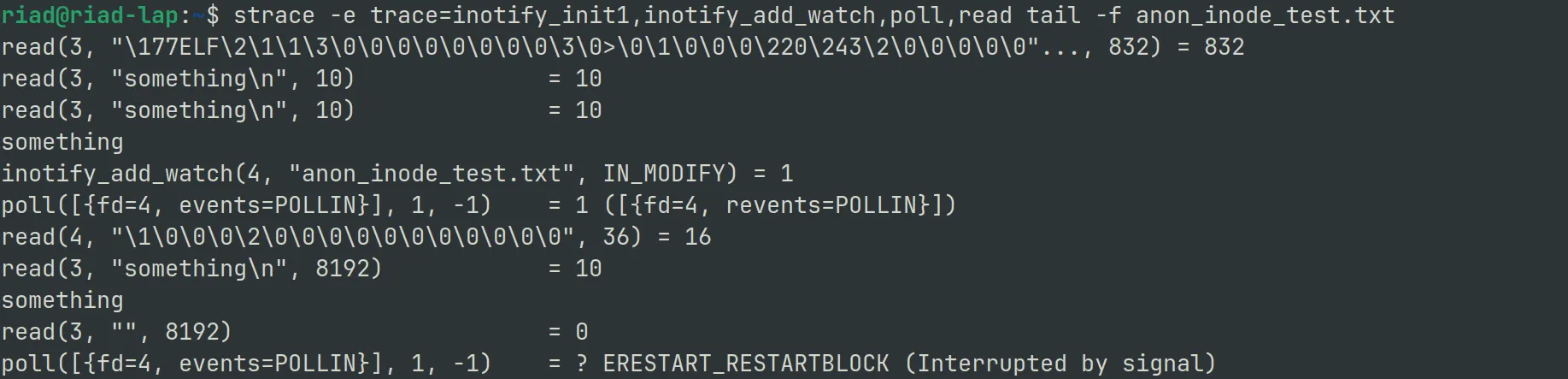 strace output showing inotify_add_watch, poll hanging, then read on fd 4 returning an event and read on fd 3 returning the text